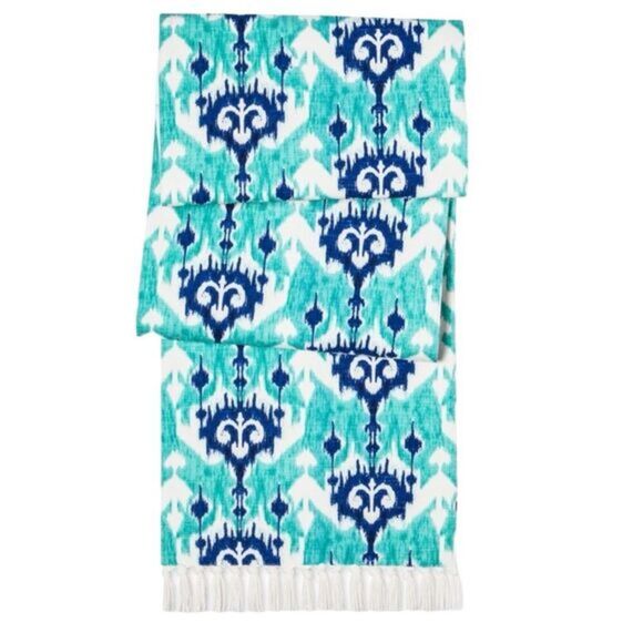 Threshold Turquoise Blue‎ White Table Runner Tassels - Picture 1 of 6
